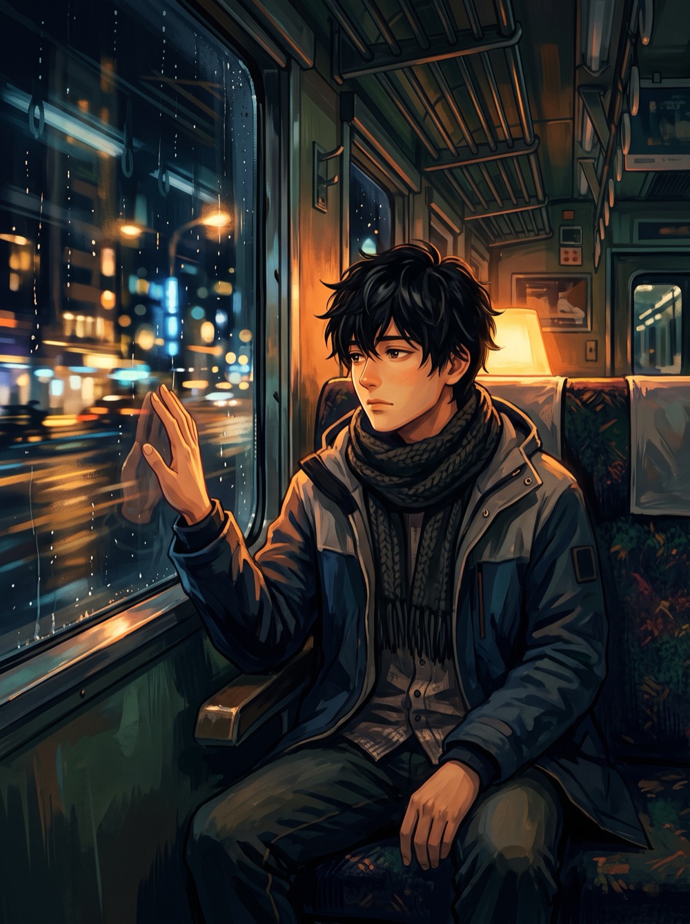 Painterly key art: a young man in a night train carriage lit by orange light