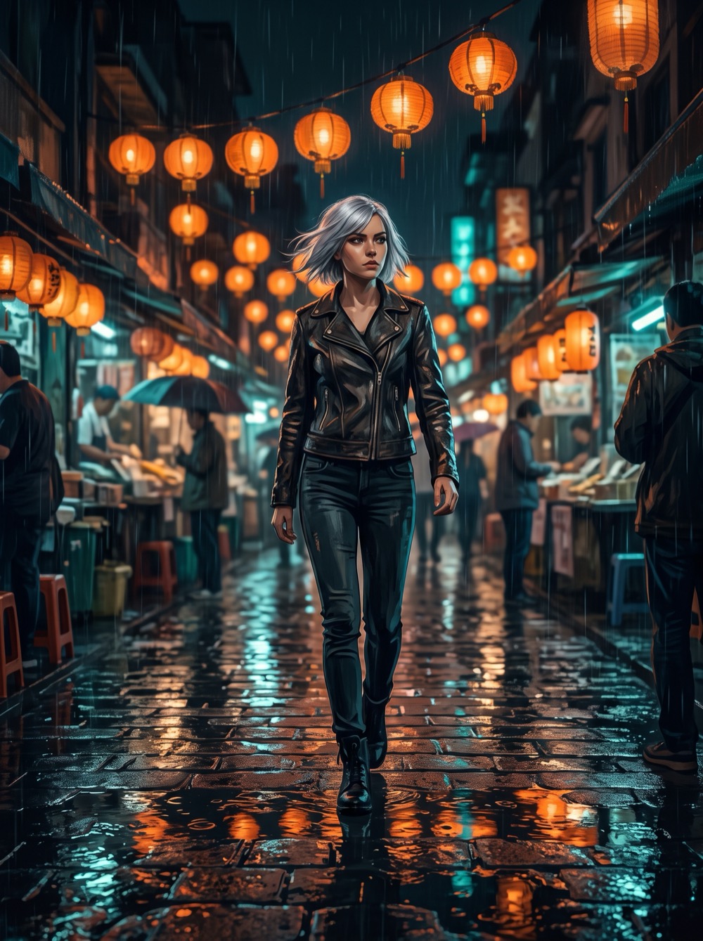 Painterly key art: a young woman with a silver bob in a rainy lantern-lit market