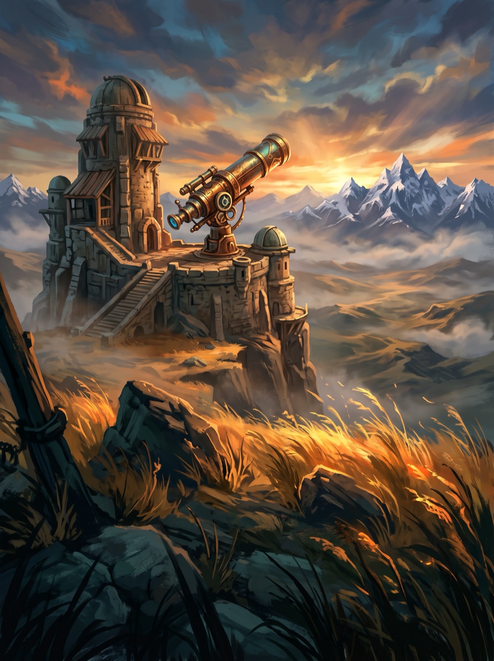 Painterly environment art: a stone observatory on the steppe at dawn