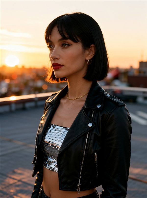 The same character on a rooftop at sunset